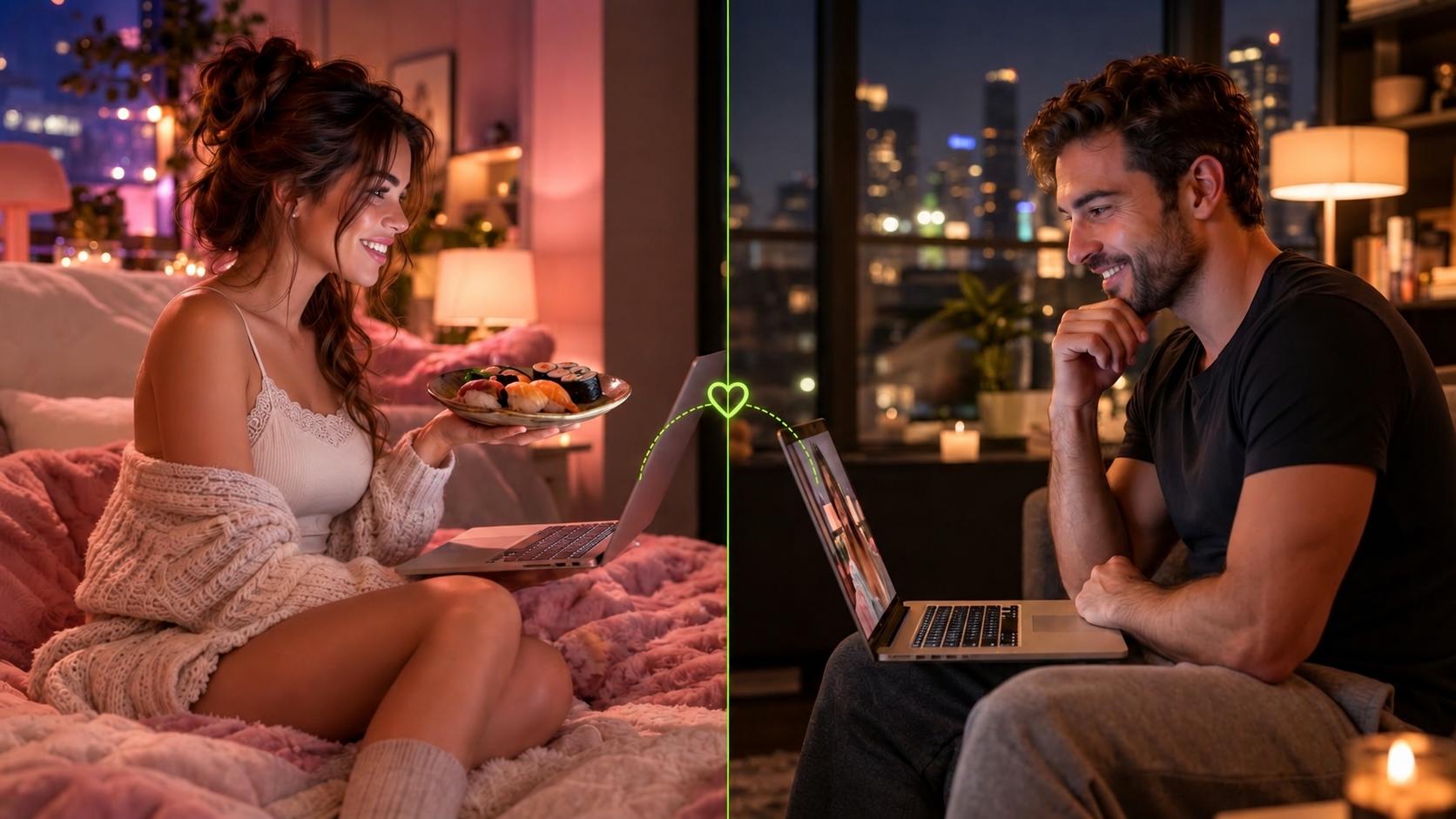 A woman and a man enjoying a live video conversation from different places.