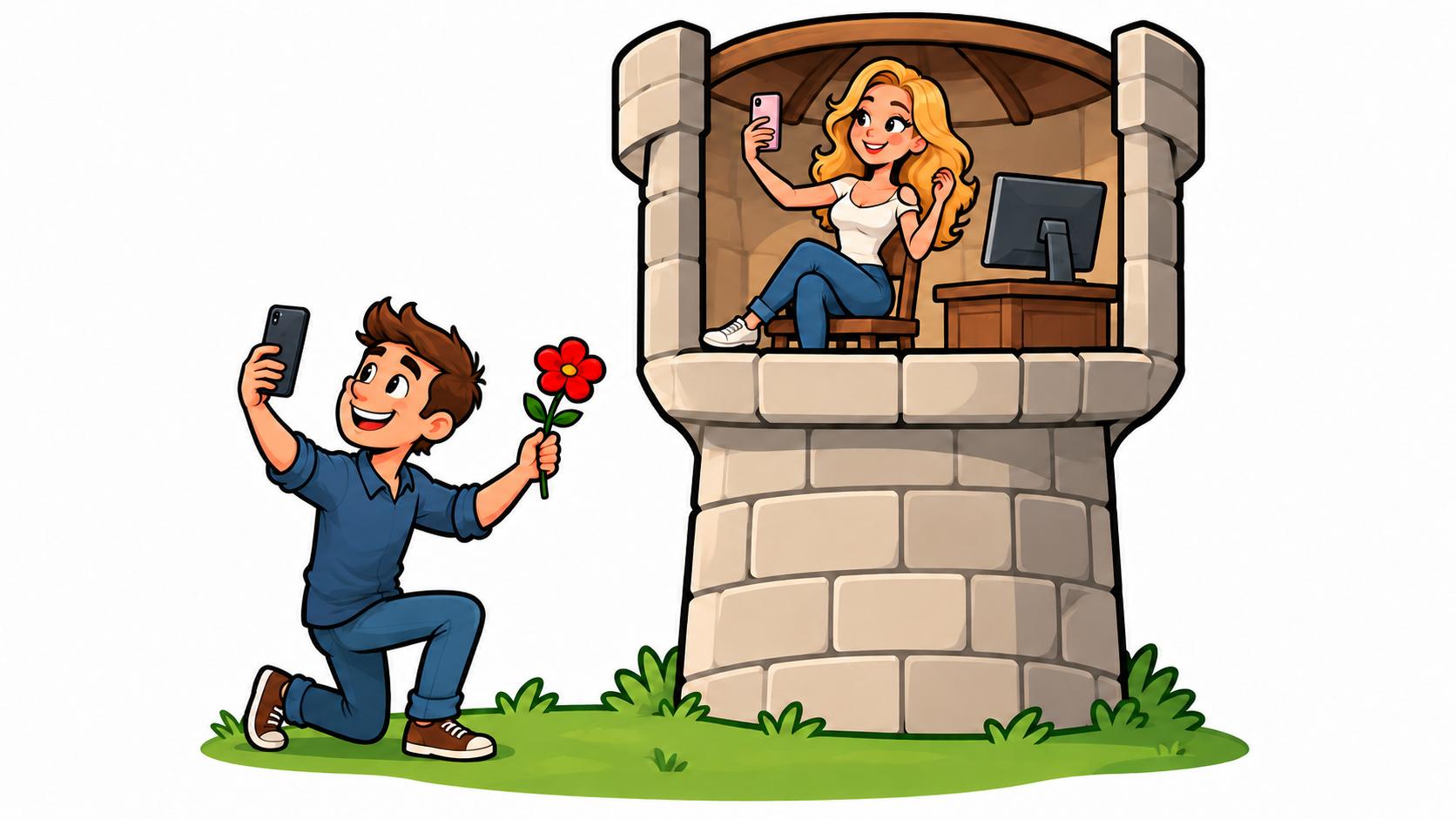 A man holding a red flower takes a selfie beside a woman taking a selfie in a tower.